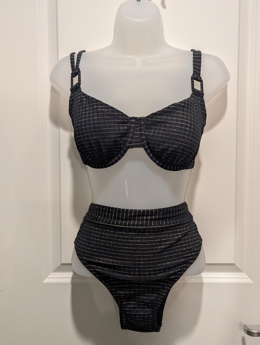 Aqua Couture Black High-Waist Underwire Bikini Set with Metallic Pinstripes
